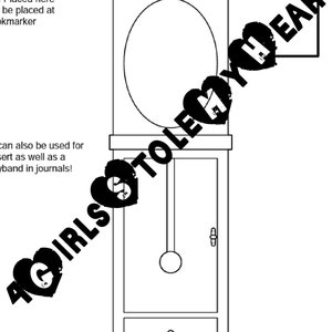 May include: A black and white line drawing of a grandfather clock. The clock has a round face, a pendulum, and a drawer. The clock is decorated with leaves and flowers.