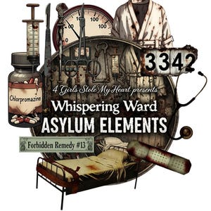 May include: An illustration featuring medical and asylum-themed elements. Includes a syringe, scalpel, scissors, a gauge, a doctor's coat, a number plate with "3342", a stethoscope, a bed, a bandage, and a bottle of "Chlorpromazine". The text reads "Whispering Ward ASYLUM ELEMENTS".