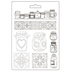 May include: A black and white line drawing of a set of 10 kitchen jars and tiles. The jars are various shapes and sizes, some with lids and some with labels. The tiles are square and have a geometric pattern.