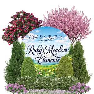 May include: A digital graphic featuring a landscape scene with the text "4 Girls Stole My Heart presents Ruby's Meadow Elements." The image includes trees with pink and red blossoms, green shrubs, and a meadow with flowers.