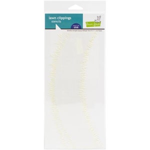 May include: A white plastic stencil sheet with two lawn clippings designs. The stencil sheet is packaged in a clear plastic sleeve with a green and white header that reads "lawn clippings stencils" and "Made in the USA".