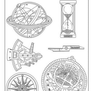 May include: A black and white line drawing of six different scientific instruments, including a compass, a sundial, an hourglass, and a sextant. The instruments are all drawn in a detailed and realistic style.
