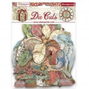 May include: Die cuts featuring a detailed illustration of an angel holding a gift bag with a floral design. The angel is wearing a red and blue dress with a white shawl. The gift bag is decorated with a floral pattern and a ribbon. The die cuts are perfect for scrapbooking, card making, and other paper crafts.