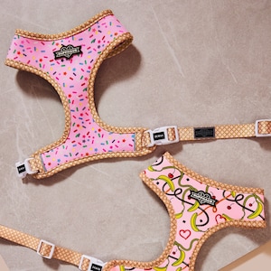 Reversible Dog Harness: Pink Sprinkles, Ice Cream Waffle Cone, Banana Split Print | Dog Mom Gift for Girl Dog Birthday & Gotcha Day| No Pull