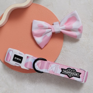 Pink Cow Print Dog Collar & Bowtie: Adjustable Polyester Pet Collar