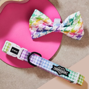 May include: A white dog collar with a rainbow houndstooth pattern and a black "RUFFHAUS" logo. The collar has a white buckle with the letters "R.H." on it. A matching rainbow houndstooth bow tie is also pictured.