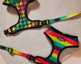 Rasta Houndstooth Reversible Dog Harness: Jamaican Colors, Summer Beach Print