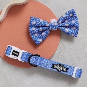 Asanoha Dog Collar & Bowtie Set, Cute Asian Japanese Hemp Geo Print Dog Bow Tie Collar, Spring Floral Sakura Printed Cute Puppy Accessory