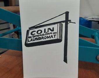 Coin Operated Laundromat Linocut Print