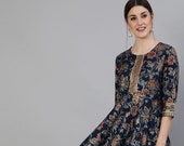 Women Navy Blue Floral Printed Cold-Shoulder Sleeves Anarkali Kurta Partywear Kurta For Women.