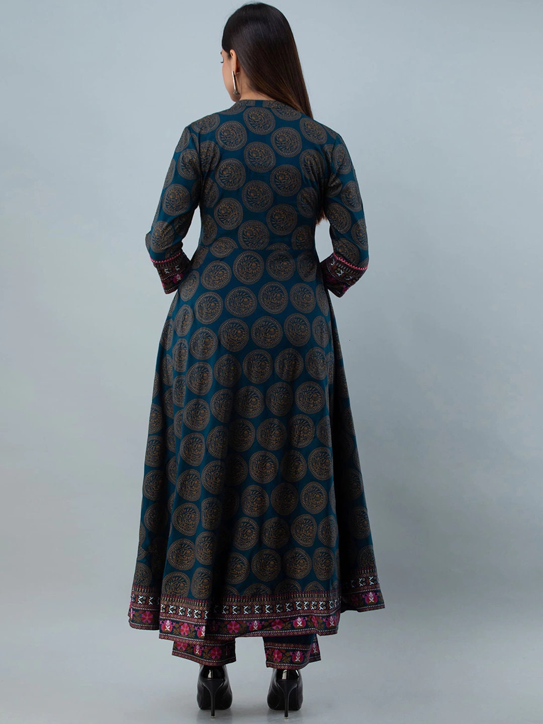 Teal Ethnic Motifs Yoke Design Kurta With Trousers & With - Etsy