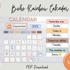 EDITABLE Printable Boho Rainbow Calendar, Classroom Decor, Classroom Calendar , Boho Rainbow Printable