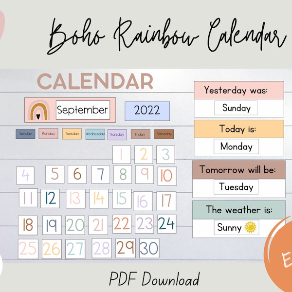 EDITABLE Printable Boho Rainbow Calendar, Classroom Decor, Classroom Calendar , Boho Rainbow Printable