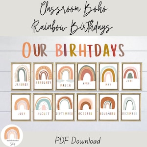 Klasse Geburtstage druckbare Poster, Geburtstag Pinnwand Kit, Klassenzimmer Display Monate, unsere Geburtstage, Klassenzimmer Dekor, Boho Regenbogen