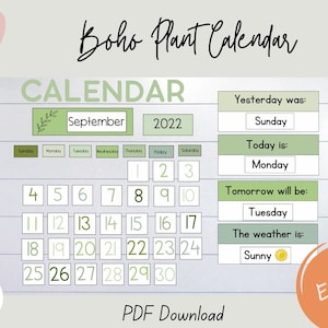 EDITABLE Printable Boho Plant Calendar, Classroom Decor, Classroom Calendar , Boho Plant Printable