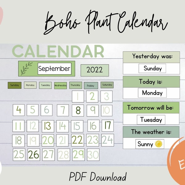 EDITIERBAR druckbarer Boho-Pflanzenkalender, Klassenzimmer-Dekor, Klassenzimmer-Kalender, Boho-Pflanzenkalender