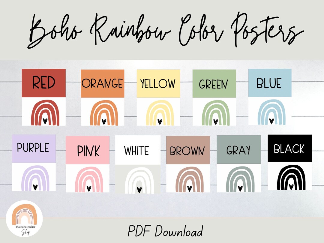Boho Rainbow Color Posters Neutral Rainbow Classroom Decor Digital
