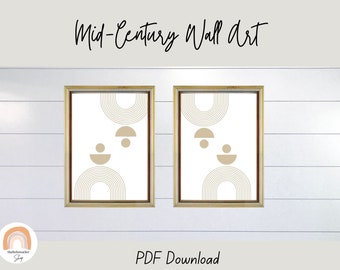 Mid Century Modern Wall Art Print Set of 2, Neutral Abstract Geometric Digital download Prints, Tan and White Minimal Gallery Art