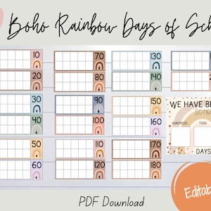 EDITABLE Printable Boho Rainbow Days of School Chart, Classroom Decor, 10s Frame , Boho Rainbow Printable