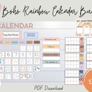 EDITABLE Printable Boho Rainbow Calendar Bundle, Classroom Decor, Classroom Calendar , Boho Rainbow Printable