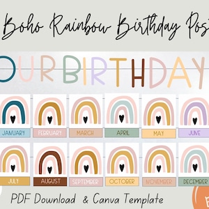 Class Birthdays Printable Posters Boho Rainbow, EDITABLE, Classroom Display Months, Our Birthdays, Classroom Decor