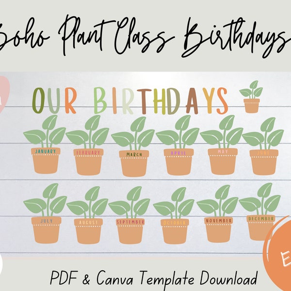 Class Birthdays Printable Posters, EDITABLE Birthday Bulletin Board Kit, Class Birthdays, Boho Plants