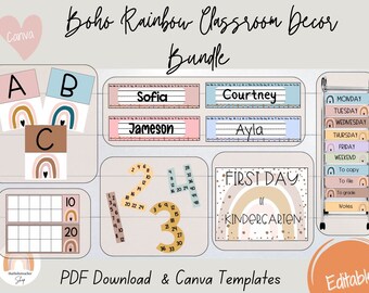 Boho Rainbow Classroom Decor Bundle, Editable Canva Templates (Digital Download)