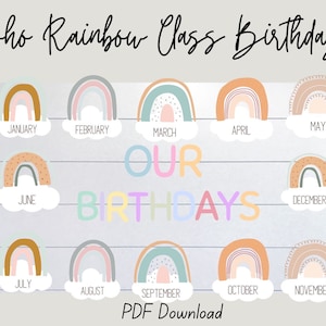 Klasse verjaardagen afdrukbare posters Boho Rainbow, verjaardag Bulletin Board Kit, klas display maanden, onze verjaardagen, klas decor