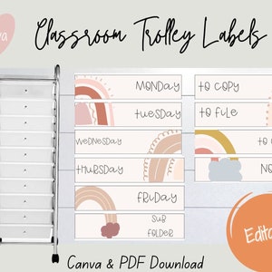 EDITIERBARE druckbare Boho-Regenbogen-Schubladen-Rollwagen-Etiketten, Klassenzimmer-Dekor, Klassenzimmer-Organisation, Boho-Regenbogen-Printable