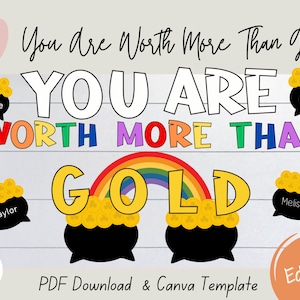 Vali più dell'oro Kit bacheca del giorno di San Patrizio, Etichette con nome pentola d'oro MODIFICABILE, Download digitale