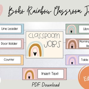 EDITABLE Printable Boho Rainbow Classroom Job Cards, Classroom Decor, Classroom Jobs, Boho Rainbow Printable