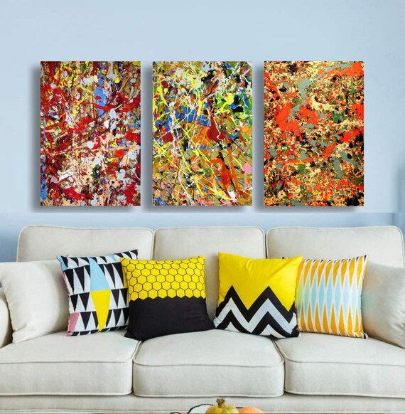 RED YELLOW COLOURFUL FRAMED CANVAS WALL ART PICTURE PRINT JACKSON POLLOCK 9 