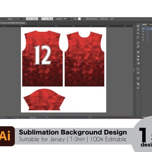 May include: A red sublimation design template for a jersey or t-shirt. The design features a geometric pattern and the number 12 in white. The text "Sublimation Background Design" and "Suitable for Jersey | T-Shirt | 100% Editable" are also visible.