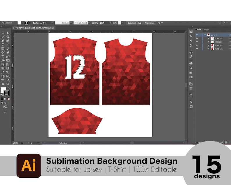 May include: A red sublimation design template for a jersey or t-shirt. The design features a geometric pattern and the number 12 in white. The text "Sublimation Background Design" and "Suitable for Jersey | T-Shirt | 100% Editable" are also visible.