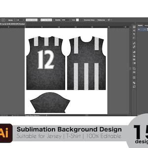 May include: A digital design template for sublimation, showing a black jersey with white stripes and the number 12. Suitable for jerseys and t-shirts, the design is 100% editable. The image includes the text "Sublimation Background Design" and "15 designs."