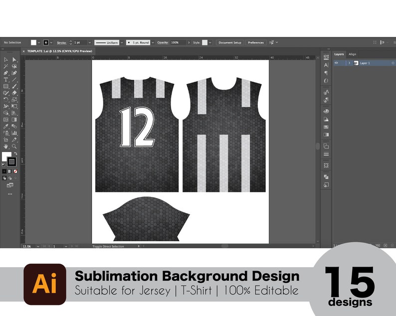 May include: A digital design template for sublimation, showing a black jersey with white stripes and the number 12. Suitable for jerseys and t-shirts, the design is 100% editable. The image includes the text "Sublimation Background Design" and "15 designs."