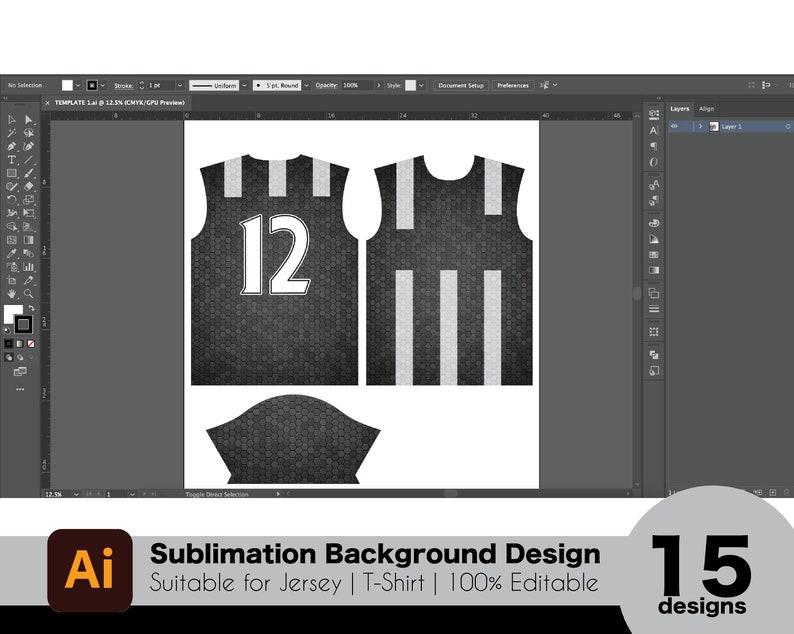May include: A sublimation background design for a jersey or t-shirt. The design features a black and white striped pattern with a textured background. The design is 100% editable and includes 15 different designs.