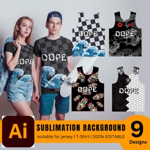 May include: Nine sublimation background designs for jerseys and t-shirts. The designs feature a checkered pattern, waves, dragons, flames, and geometric shapes. The designs are editable and include the word "DOPE" in a bold font.