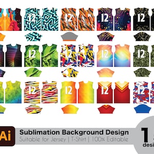 May include: A selection of 15 sublimation background designs for jerseys and t-shirts. The designs showcase diverse patterns, such as geometric shapes, abstract art, and camouflage, with the number "12" visible on some. The designs are 100% editable.