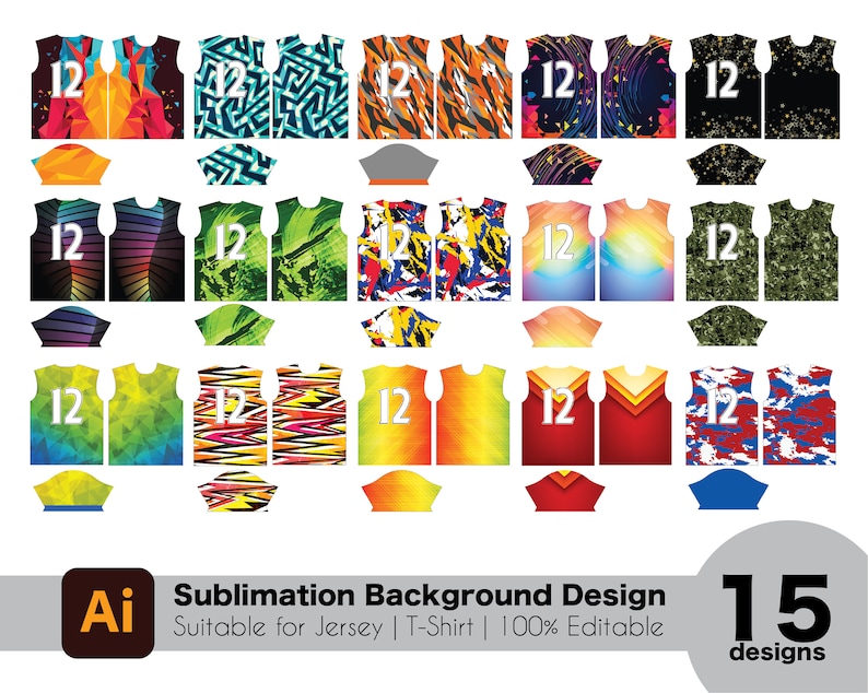 May include: A selection of 15 sublimation background designs for jerseys and t-shirts. The designs showcase diverse patterns, such as geometric shapes, abstract art, and camouflage, with the number "12" visible on some. The designs are 100% editable.