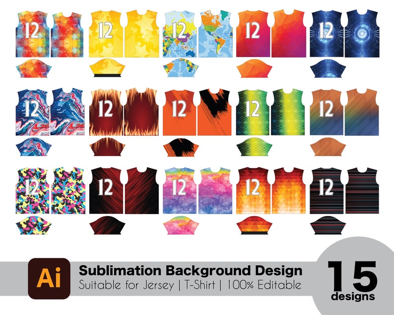 May include: Fifteen sublimation background designs for jerseys or t-shirts. The designs feature a variety of colorful patterns, including abstract, geometric, and camouflage.