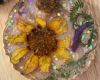 Yellow dahlia pressed flower suncatcher with gemstone beads
