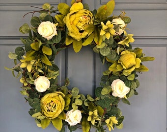 Spring Green Peony White Rose Wreath Easter St Patricks Day Easter Green White Decor Farmhouse Wreath