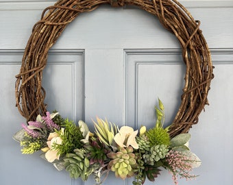 18&quot; Faux Succulent Wreath Coastal Cactus Boho Summer All Season Mother&#39;s Day