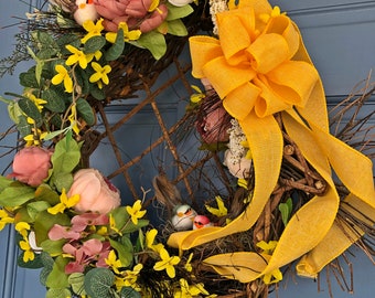 Easter Spring Dusty Rose Peony Wreath Swag Birds Nest Wreath Mother&#39;s Day Yellow Gold Ribbon, Whimsical Wreath, Boho Wreath