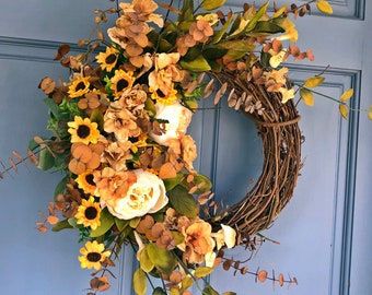 Sunflower Peony Eucalyptus Wreath, Neutral Color Wreath, Farmhouse Decor, Mother&#39;s Day Gift, Valentines Day Gift, Summer Wreath