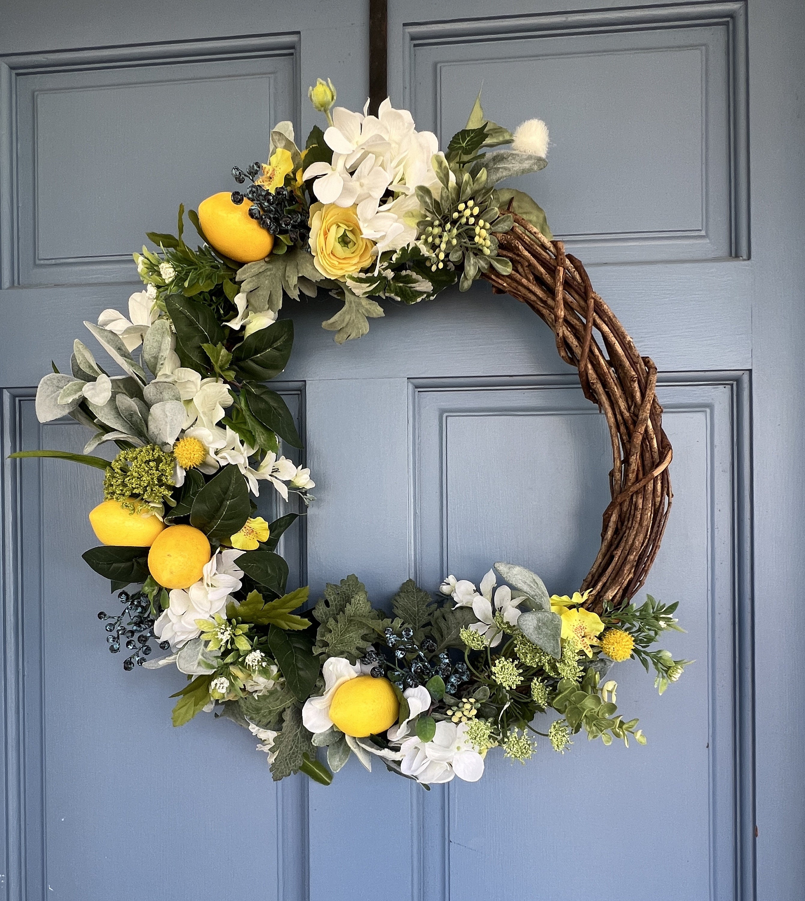 20" Lemon Blueberry Floral Mother's Day Front Door Yellow Blue White Wreath