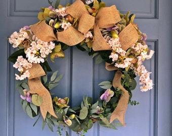 Easter Spring Pink Cherry Blossom Orchid Hydrangea Wreath Mother&#39;s Day Valentine&#39;s Outdoor Spring Decor, Pink Home Decor
