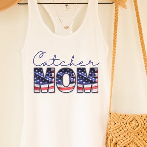 Catcher Mom Tank Top, Women's Baseball Shirt, Cute Mother of Catcher Tank, T-Ball Tank Top, Patriotic T-Shirt, 4th of July Tee, Flag Tank