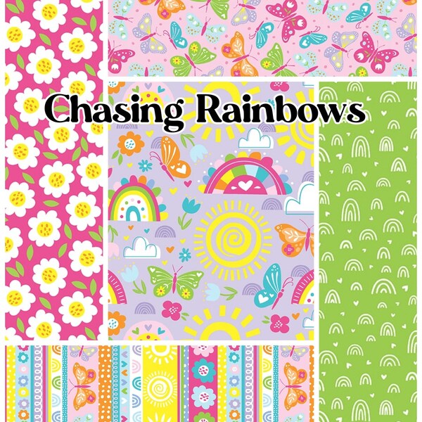 Chasing Rainbows 1 Yard Bundle 5pc By Emily Dumas For Henry Glass, Girl Fabric,  Rainbow Fabric,  Butterfly Fabric,  Children's Fabric